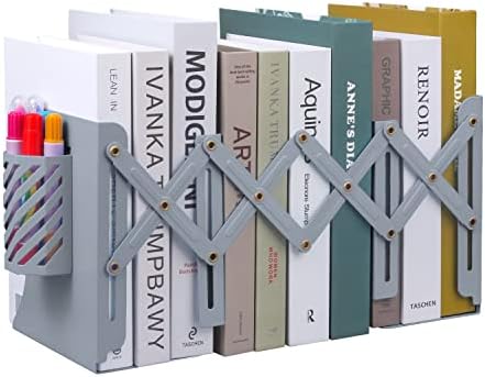 Expandable Metal Bookends, MSDADA Adjustable Book Ends Heavy Duty Book Holder with Detachable Pen Container, Non-Skid Desk Organizer for Kids Student Home Office School Bookshelf Book Storage(Green)