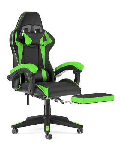 Racingreat Gaming Chair with Footrest, Office Chair, Gaming Chair, Headrest and Lumbar Cushion, Ergonomic PU Leather Computer Chair for Gamer Office Home Adult Teenager (With footrest, green)
