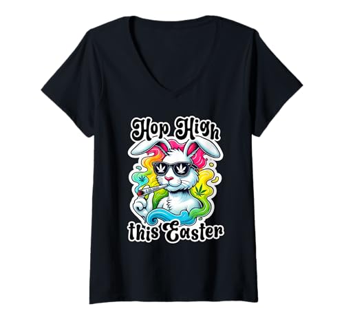 Womens 420 Easter Bunny Funny Weed Smoking Rabbit Marijuana 4/20 V-Neck T-Shirt