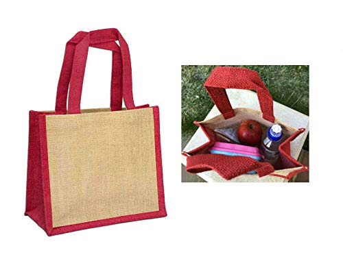 Petit sac à déjeuner en jute - Corps naturel contrastant - Rouge marron vert rose - Poignée et côtés roses - Beige/rouge Cover