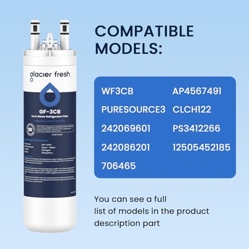 Image of GLACIER FRESH WF3CB Refrigerator Water Filter Replacement for PureSource 3, 706465, WF425, PS3412266, AP4567491, 242017800 Refrigerator Water Filter, Pack of 1