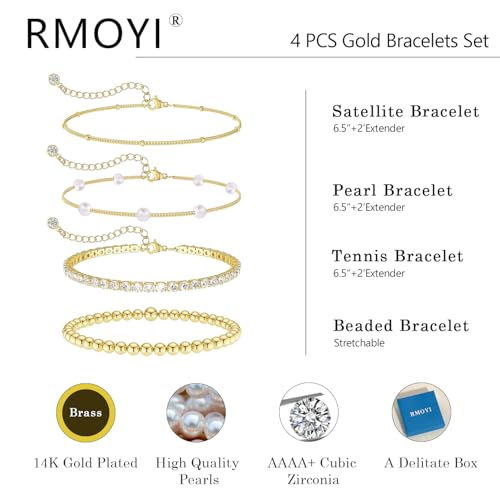 Pearl Bracelets for Women Tennis Bracelet Dainty 14K Gold/Silver Plated Beaded Bracelets for Women Cubic Zirconia Bracelet Stack Pearl Jewelry Set4