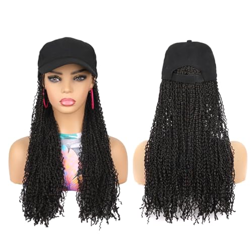 VAVANGA 20inch Long Black Baseball Cap with Hair Attached, Hat Wig with Synthetic Curly Hair extension attached Baseball hat Hair Piece Braided Wig Hat for Women (20", #1B) — view 2