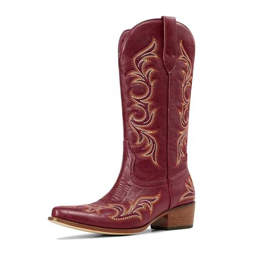 Ouepiano Red Cowboy Boots for Women Cowgirl Mid Calf Western