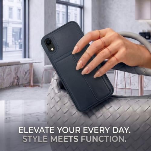 Image of amazon basics Luxury Vegan Leather Back Cover for iPhone XR | Built-in Card Holder Slot | Integrated Mobile Stand | Slim Shockproof Protective Case with Stitched Finish - Blue