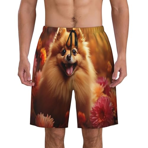 Flowers and Cute Puppy Men Beach Pants â€“ Swim Trunks for Men,Quick-Dry and Comfortable, Suitable for Beach, Surf, and Everyday Wear