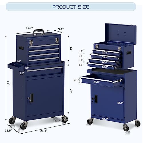 5-Drawers Rolling Tool Chest Tool Box With Wheels, 2-In-1 Detachable Tool Storage With Large Cabinet And Sliding Drawers, Removable Tool Box Organizer With Lockable For Garage, Workstation (Darkblue) #TOP6