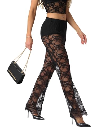 IWOLLENCE Womens Sexy Lace Flare Pants with Bottom High Waist Sheer Mesh Leggings3
