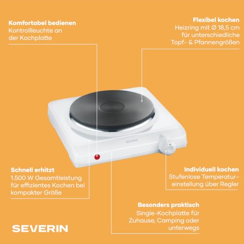 Foto von Severin Kochplatte für Küche, Büro oder Camping, kleine Herdplatte mit stufenloser Temperatureinstellung, Campingkocher für einen Topf, weiß, single, 1.500 W, KP 1091