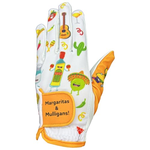 Giggle Golf Women’s Golf Glove - Colorful Cabretta Leather - Left & Right Hand (Margaritas, Mulligans and Tequila, Large, Worn On Left Hand)