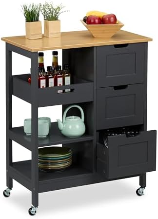 Relaxdays Kitchen Trolley with 3 Drawers and 3 Compartments, 85 x 68.5 x 38.5 cm, Island with Wheels, Grey, Wood, Fibreboard