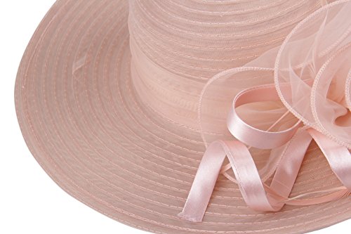 Dantiya Womens Organza Wide Brim Floral Feather Ribbon Kentucky Derby Church Dress Sun Hat, Flesh Pink Free #TOP4