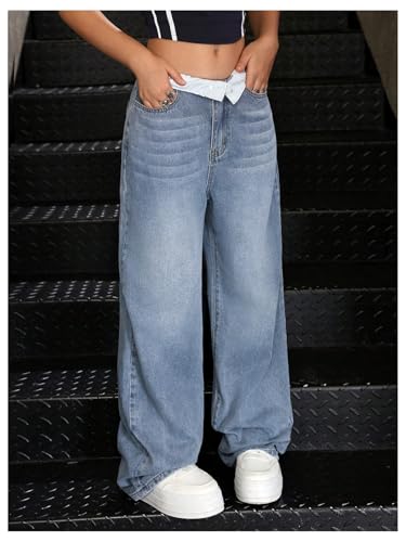 GORGLITTER Girl's Baggy Jeans Fold Over Waist Y2k Wide Leg Denim Pants with Pockets2