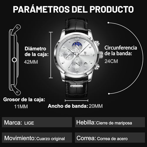 LIGE – Reloj para Hombre, cronógrafo, Movimiento de Cuarzo, 30 ATM, Impermeable, Correa de Piel, Esfera Grande, analógica, Multifuncional, Luminoso, clásico, Deporte, Empresas, Mejor Regalo para los - Imagen 7