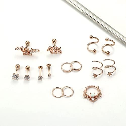 LOLIAS 21Pcs 16G Cartilage Earrings Stud Hoop for Women Men Stainless Steel CZ Labret Helix Piercing Tragus Stud Earrings Forward Conch Piercing Jewelry Set