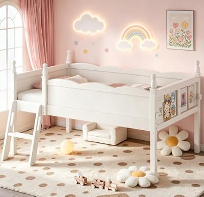 Bellemave Twin Low Loft Bed with Book Shelf and Ladder,Low Loft Bed for Kids, Boys, Girls,Wooden Loft BedFrame with Ladder, Beige