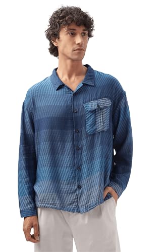 Image of Men's Indigo Blue Gradient Drop Shoulder Long Sleeve Casual Button-Down Shirt
