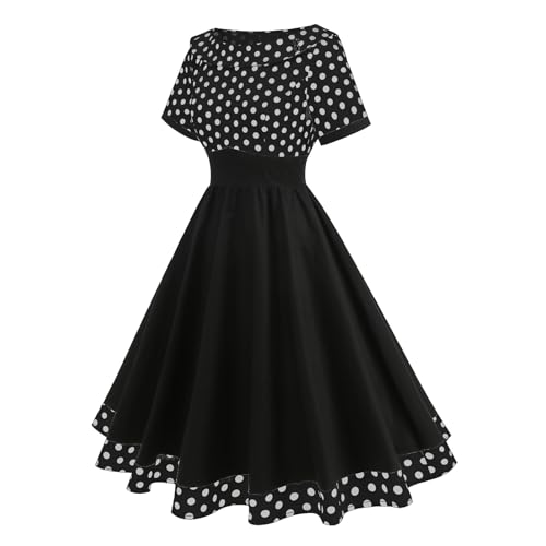 Image of Women's Boat Neck Polka Dot Cocktail Midi Dress Vintage Retro 1950s Style Swing Tea Length Wedding Guest Party Dresses