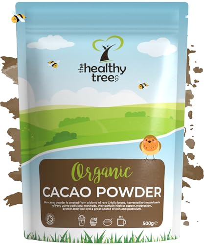Organic Raw Cacao Powder by TheHealthyTree Company for Yoghurt Smoothies & Baking - High in Protein Magnesium Fibre and Potassium - Sugar Free Vegan Cacao Powder (500g)