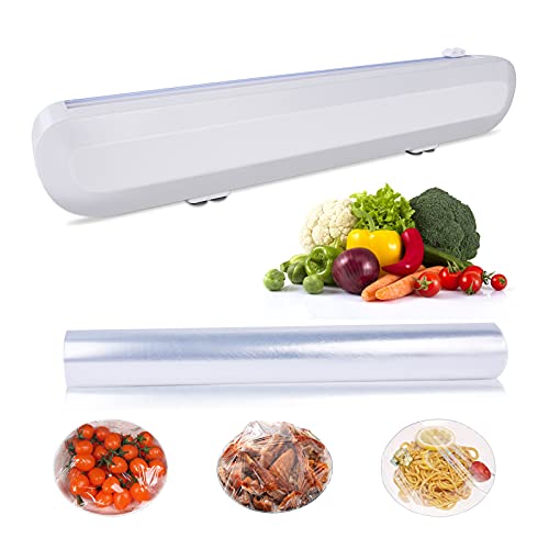 Plastic Wrap Dispenser with Cutter Refillable Cling Wrap Reusable Plastic Wrap Cutter Includes a roll of Cling Film Suitable for Household Aluminum foil and Vegetable Preservation