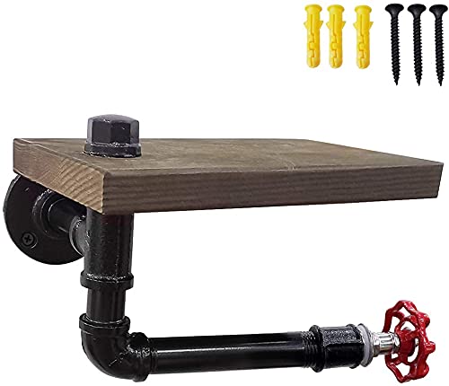 Portarrollos de Pared, con Estante de Madera, Soporte de Papel de Seda rústico, portarrollos de Papel for baño, Material de Hierro Fundido Vintage Negro
