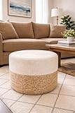 S & L Homes Pouf Ottoman - 100% Jute Braided Footrest Pouf Hand Knitted Traditional Cord Boho Pouffe for Living Room, Bedroom, Nursery, Patio, Lounge Colorblock - Natural Ivory (18”x18”x12”)