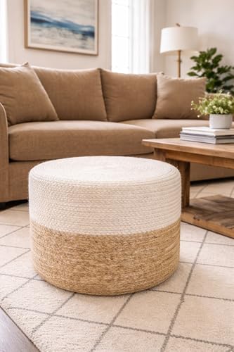 The Knitted Co. Jute Pouf Ottoman | Footrest Pouf | Hand Braided - Round Boho Pouffe - for Living Room Bedroom Nursery (18x18x12) Ivory