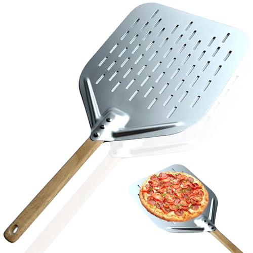 GOMETY Pizzaschieber Perforiert, 12 Zoll Perforiert Pizzaschaufel Pizzaheber aus Hart Eloxiertes AluminiumPerforiert und Brotschieber mit Verbrühungshemmend Griff für hausgemachte Pizza Brot Kuchen