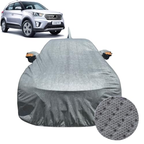 Image of Car Cover Compatible For Hyundai Creta (2015-2019)| 100% Waterproof Cover with Antenna & REFLECTIVE Mirror Pockets | Dustproof, Scratchproof, Heatproof Creta Car Cover|Soft Cotton Lining|GREY
