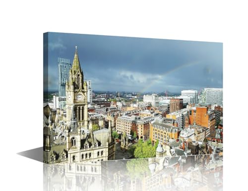 Toile murale Manchester pour salon et bureau - Décoration paysage urbain d'Angleterre