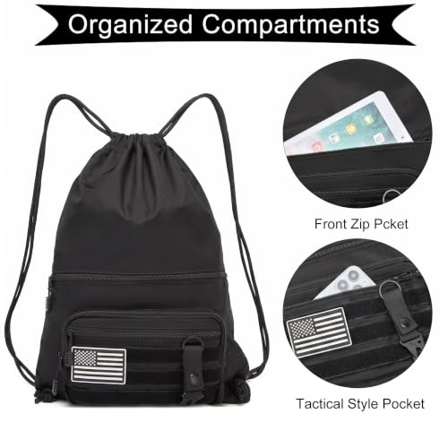 Image of seyfocnia Drawstring Backpack Tactical String Bag with Zipper Pockets Waterproof Cinch Bag Sport Gym Sackpack - Black
