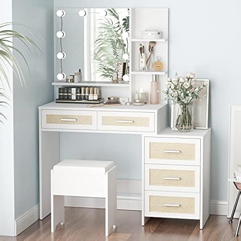 Maupvit Rattan Vanity Desk with Mirror and Lights, Boho Makeup Vanity Table Set with Nightstand, 5 Drawers & 10 Bulbs, Metal Silver Handle, 3 Open Shelves, Dressing Table with Cushioned Stool (White) Cover