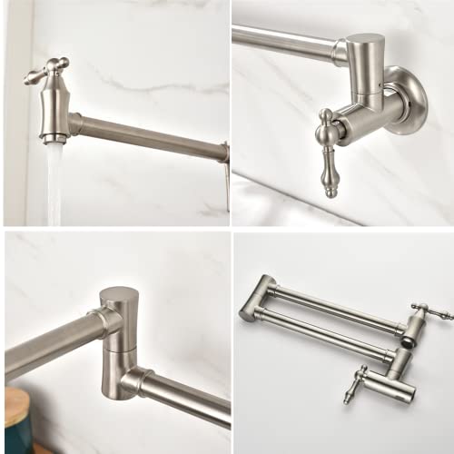 Pot Filler Faucet Brushed Nickel, Wall Mounted Solid Brass Pot Filler Folding Sink Faucet With Double Joint Swing Arm And Single Hole 2 Handles #TOP3