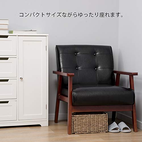1人掛けソファ カウチソファ 幅66×奥行61×高さ76cm PVCレザー 肘付き 天然木脚 北欧スタイル レトロモダン ダークブラウン 一人暮らし おしゃれ 脚付き コンパクトソファ (ブラック) [4]