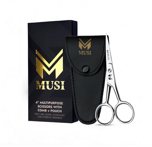MUSI 4 Inch Eyebrow Scissors - Muti-purpose Small Scissors for Mustache Beard Nose Hair Nail Ear & Eyelash Trimming - Professional Stainless Steel Mini Grooming Scissors for Men Women with Comb