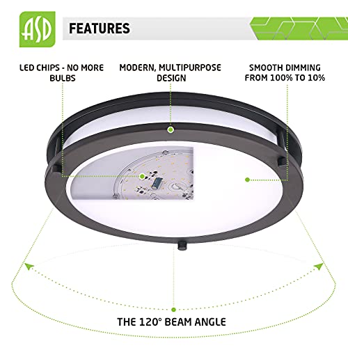Asd 12 Inch Flush Mount Ceiling Light, Led Dimmable Close To Ceiling Light Fixture For Kitchen Hallway Laundry, Oil Rubbed Bronze, 15W (120W Replacement), 1050 Lm, 3000K, Energy Star, Etl #TOP3