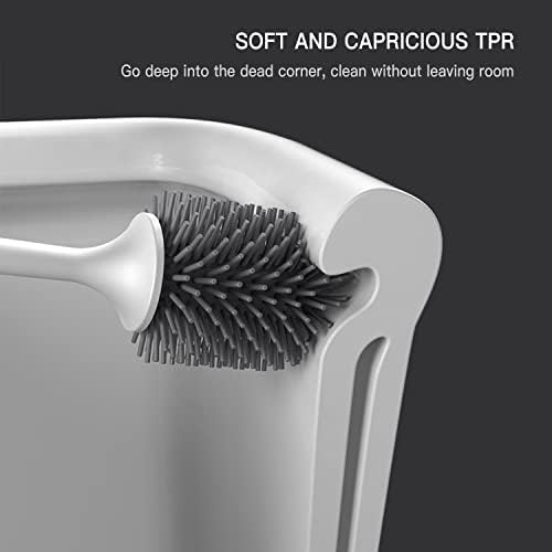Toilet Brush And Holder Long Handle Silicone Toilet Cleaning Brush Bathroom Deep Cleaner Toilet Bowl Brush With Drying Holder Set With 2 Toilet Lid Lifter