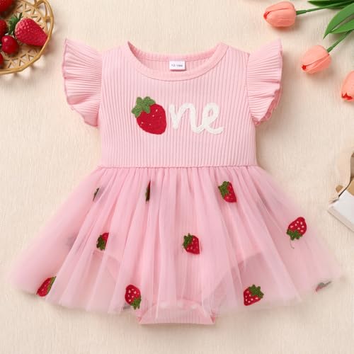 ODASDO Baby Girl 1st Birthday Cake Smash Outfit Flutter Sleeve Romper Dress with Bowknot Headband Set2