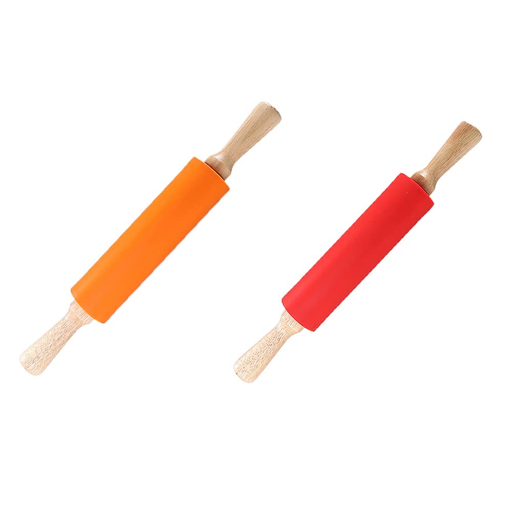Rodillo de silicona para cocina, rodillo de masa giratorio antiadherente grande de madera para galletas en relieve para uso en la cocina, hornear, niños (rojo + naranja)