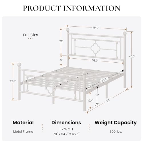 Image of SHA CERLIN 14 Inches Full Size Metal Platform Bed Frame /Vintage Iron-Art Headboard and Footboard /Mattress Foundation for Storage /No Box Spring Needed /Noise-Free /Easy Assembly /White