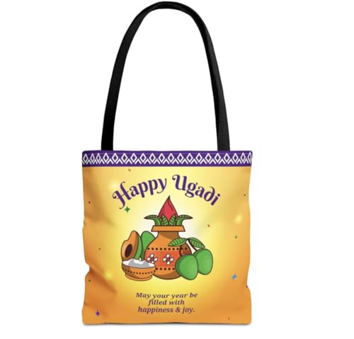 Happy Ugadi Tote Bag - Return Gift Bag, Ethnic Indian Festival Shopping Bag, Cultural Celebration Carryall, 13x13 Inches