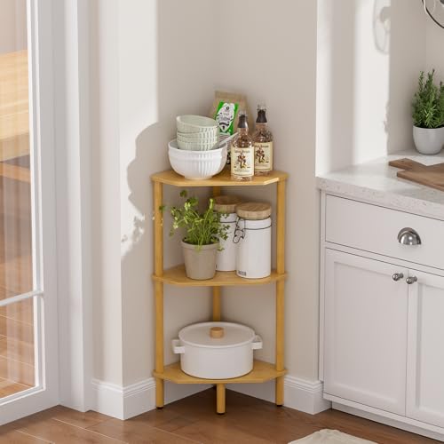 Atoping 3 Tier Bamboo Corner Shelf, Storage Stand with Adjustable