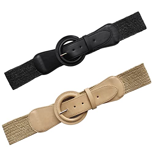 Yucforen Women Skinny Dress Belt, Elastic Stretch Waist Band Straw Woven Rattan Wood Buckle Belts (Type 8-Khaki, Fits Waist: 29"-32") #TOP1