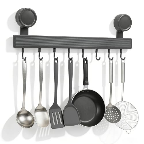 Winsegom Kitchen Utensil Rack, Wall Mounted Utensils Holder Kitchen Hook Rack, Removable and Movable Utensil Hanging Rail No Drill Stainless Steel Tools Organizer with Suction Cup, 8 Hooks