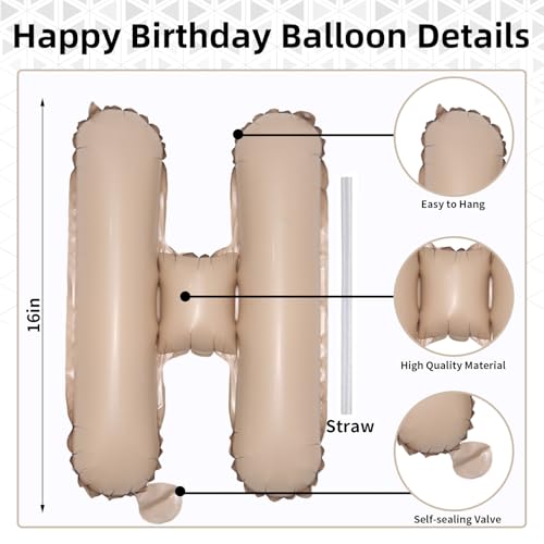 Image of Happy Birthday Balloon Banner Beige, 16 Inch Neutral Tan Self Inflating Happy Birthday Foil Balloon, Nude Born Day Bunting Banner Letter Balloons for Men Women Bday Party Decorations Supplies