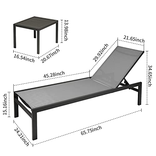 Lymjard Patio Chaise Lounge 3 Pcs Aluminum Lounge Chair Sets Outdoor 5 Position Adjustable, All Weather For Pool Beach Patio Backyard Lawn And Garden,Side Table Included (Gray) #TOP1