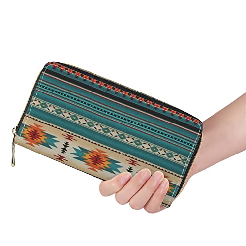 Poceacles Southwestern Native American Aztec Women's Zipper Wallets,Turquoise Stripes Print Leather Clutch Purse,Credit Card Cases #TOP1