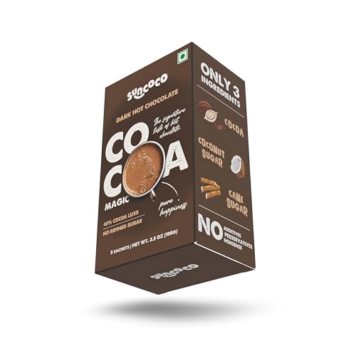 Image of Suncoco - Dark Hot Chocolate Powder Mix - 5 Sachet | 45% Luxe Cocoa | Enjoy Hot or Cold | Sweeten by Organic Coconut Sugar | 100 grams