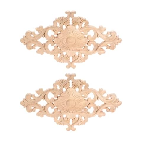 Wood Carved Appliques, 2Pcs Wooden Decorative Onlays, MUXSAM Unpainted Furniture Center Decals for Cabinet Dresser Bed Door Wall Wardrobe Ceiling Decoration Home DIY Project, 30x18cm/11.81"x7.09" Cover
