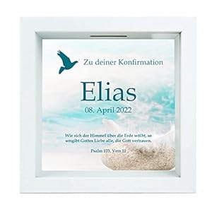 Bilderrahmen-Spardose – personalisiert mit Name und Datum – Geschenk zur Kommunion / Konfirmation – Motiv Taube…